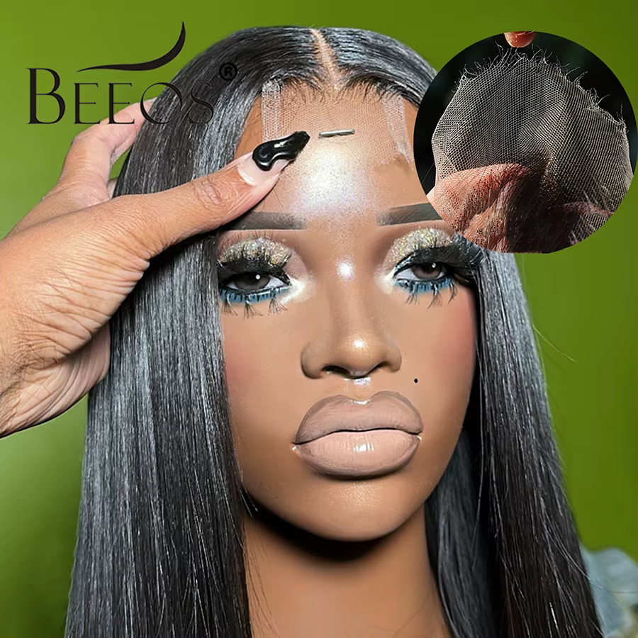 BEEOS-Perruque Lace Closure Wig sans colle naturelle, cheveux lisses pré-implantés, noir de jais, 2x