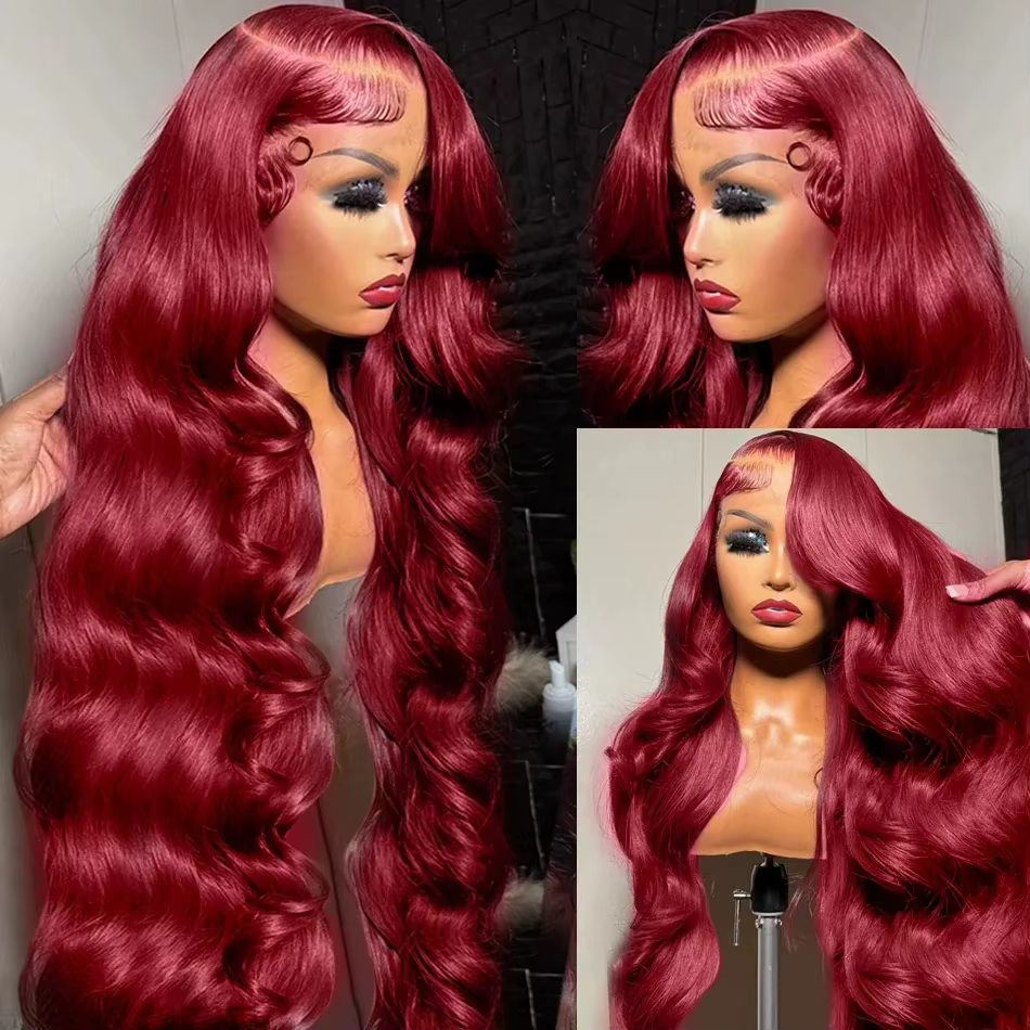 Perruque Lace Front Wig Body Wave Brésilienne Naturelle, Cheveux Humains, Rouge Bordeaux 99J, 13x4, 
