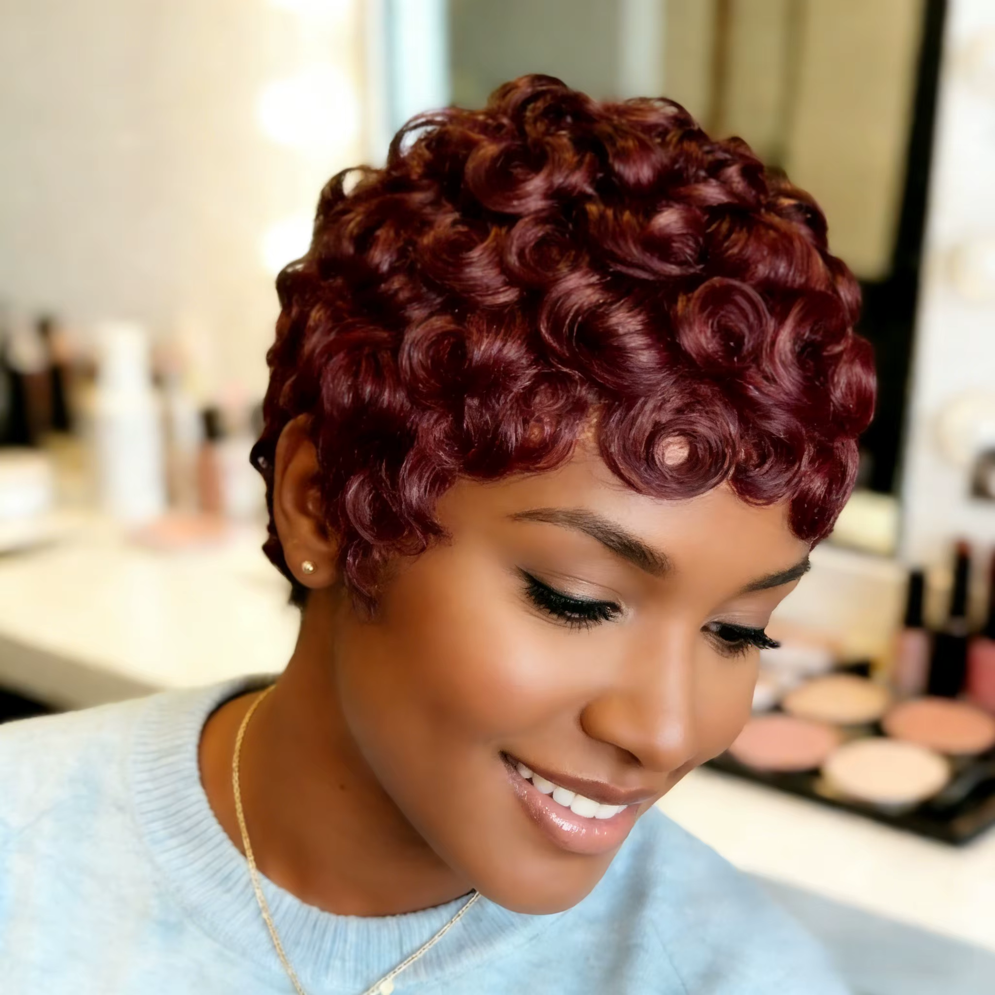 Perruque en cheveux humains brésiliens, coupe courte pixie avec frange, cheveux bouclés lâches pour 