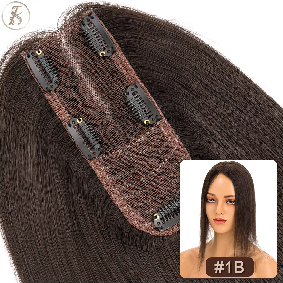 TESS-Toppers de cheveux humains à nœud unique pour femmes, perruques de cheveux naturels bruns, exte