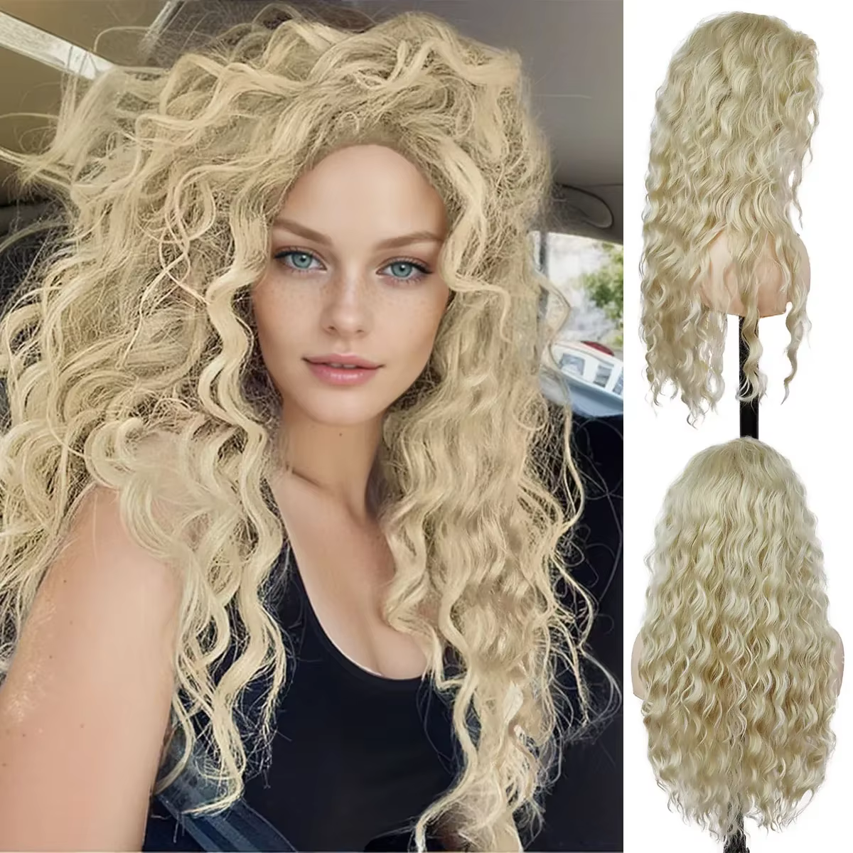 Perruque synthétique bouclée longue jaune Blonde réaliste, naissance des cheveux avec raie libre, lé