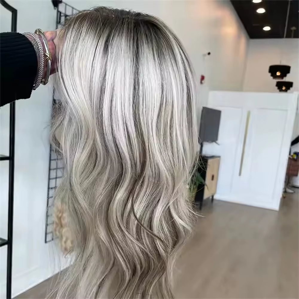 100 vrais cheveux humains blond cendré perruque racines foncées vague de corps mettre en évidence pe