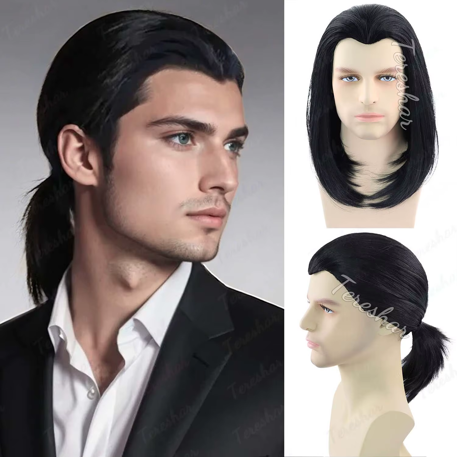 Perruque synthétique courte et lisse noire pour hommes, perruque de Cosplay Vintage Vincent Vega des