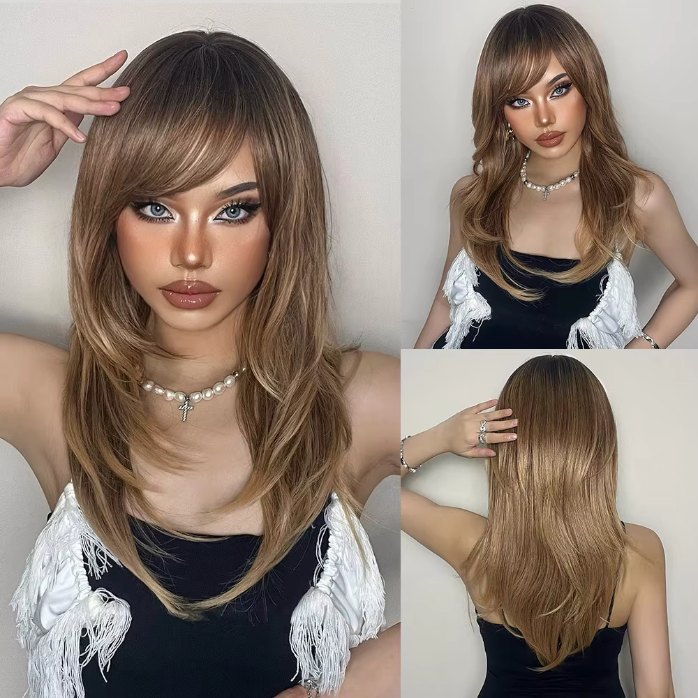 Allbell Magique – perruque synthétique lisse et longue avec frange, rose et noir ombré, perruque de 