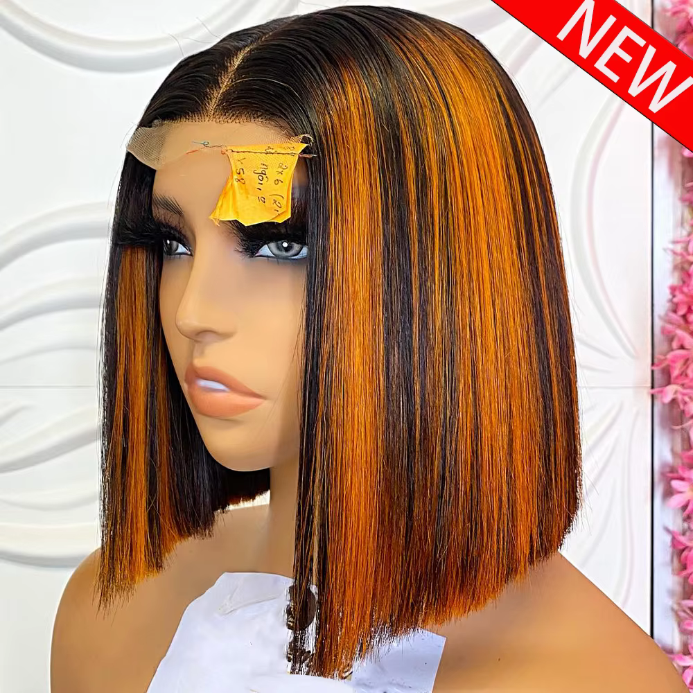 # Perruque Bob 1B/350 Highlight, lisse, 13x4, dentelle HD transparente, perruque frontale en cheveux