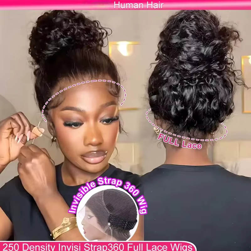 Perruque Lace Frontal Wig 360 naturelle sans colle, cheveux humains, Deep Wave, avec cordon caché, a