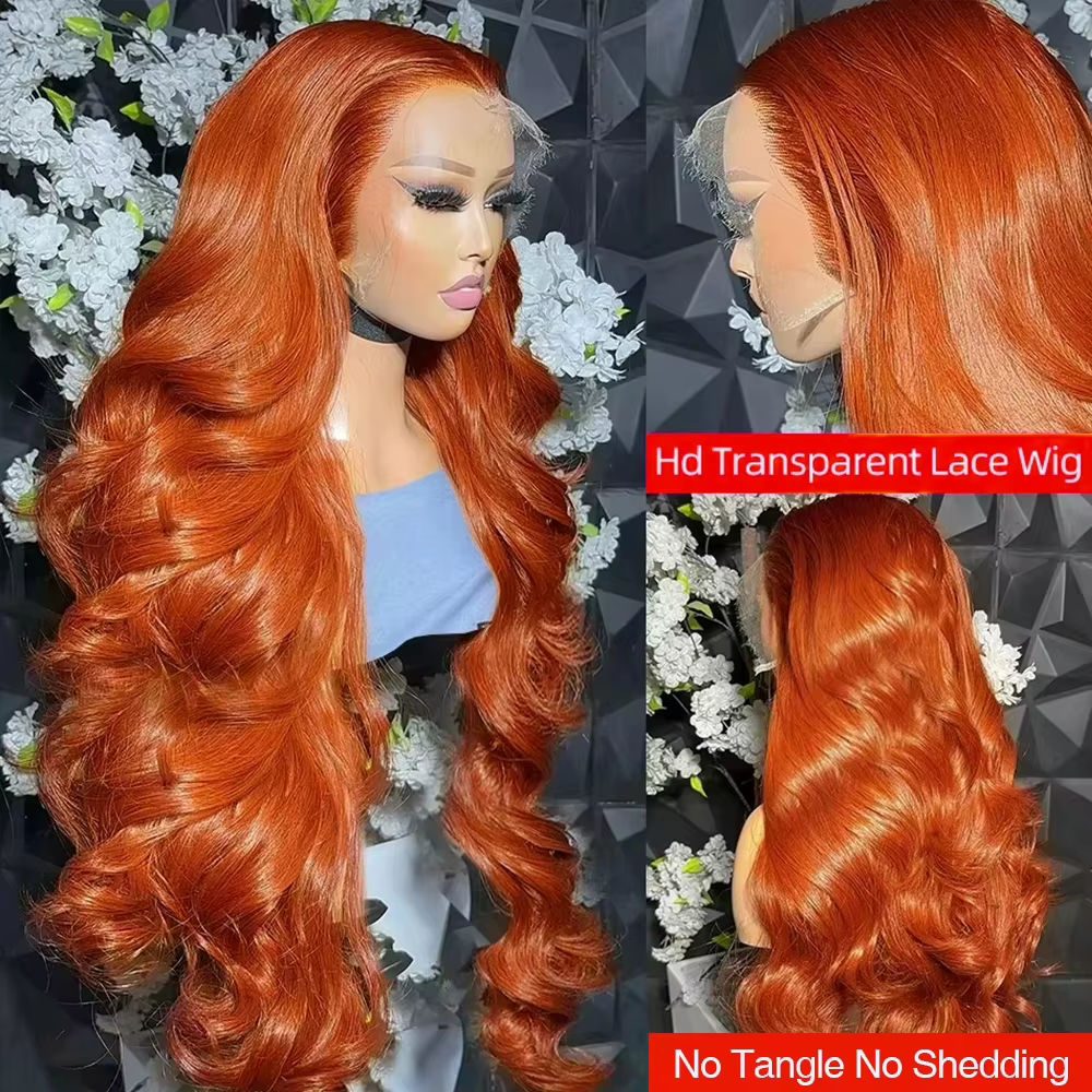 36 pouces gingembre Orange dentelle avant perruques cheveux humains pré plumé 200% densité vague de