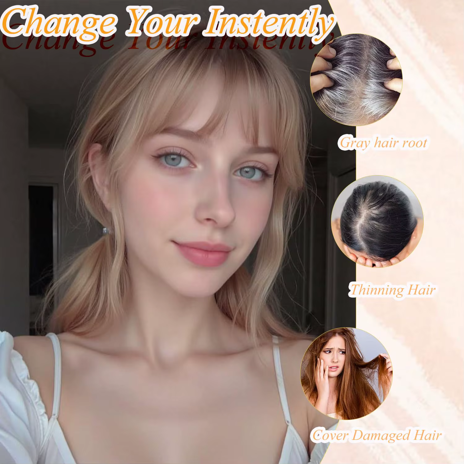Topper pour cheveux pour femme avec frange : 3D 360 °   Morceau de cheveux synthétiques longs et lis