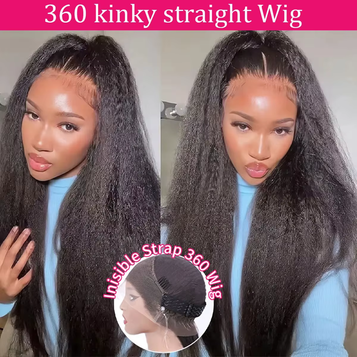 Crépus droite Invisible sangle 360 pleine Hd dentelle frontale perruque de cheveux humains Yaki droi