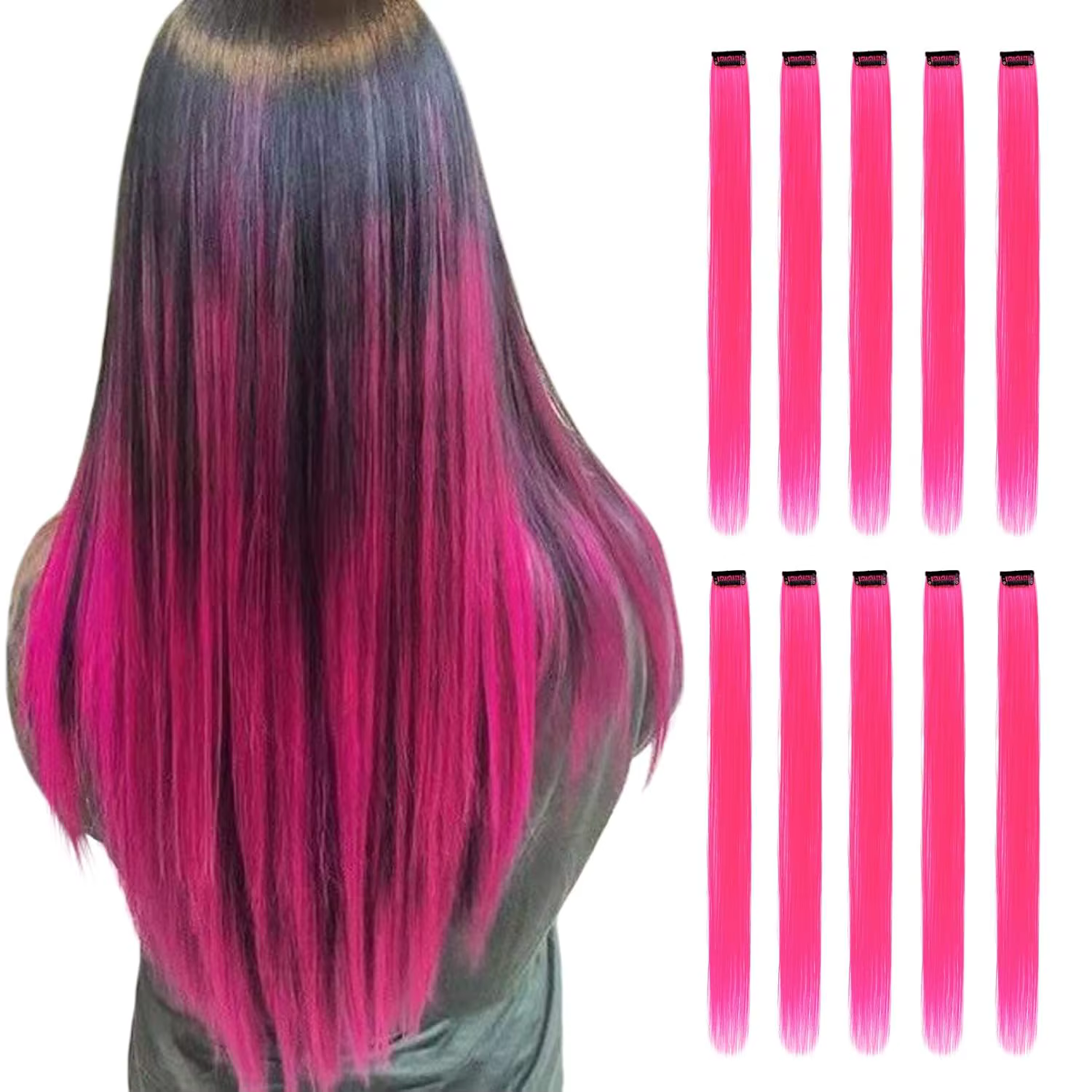 Extensions capillaires synthétiques noires longues et lisses, 10 pièces, postiches colorées à reflet
