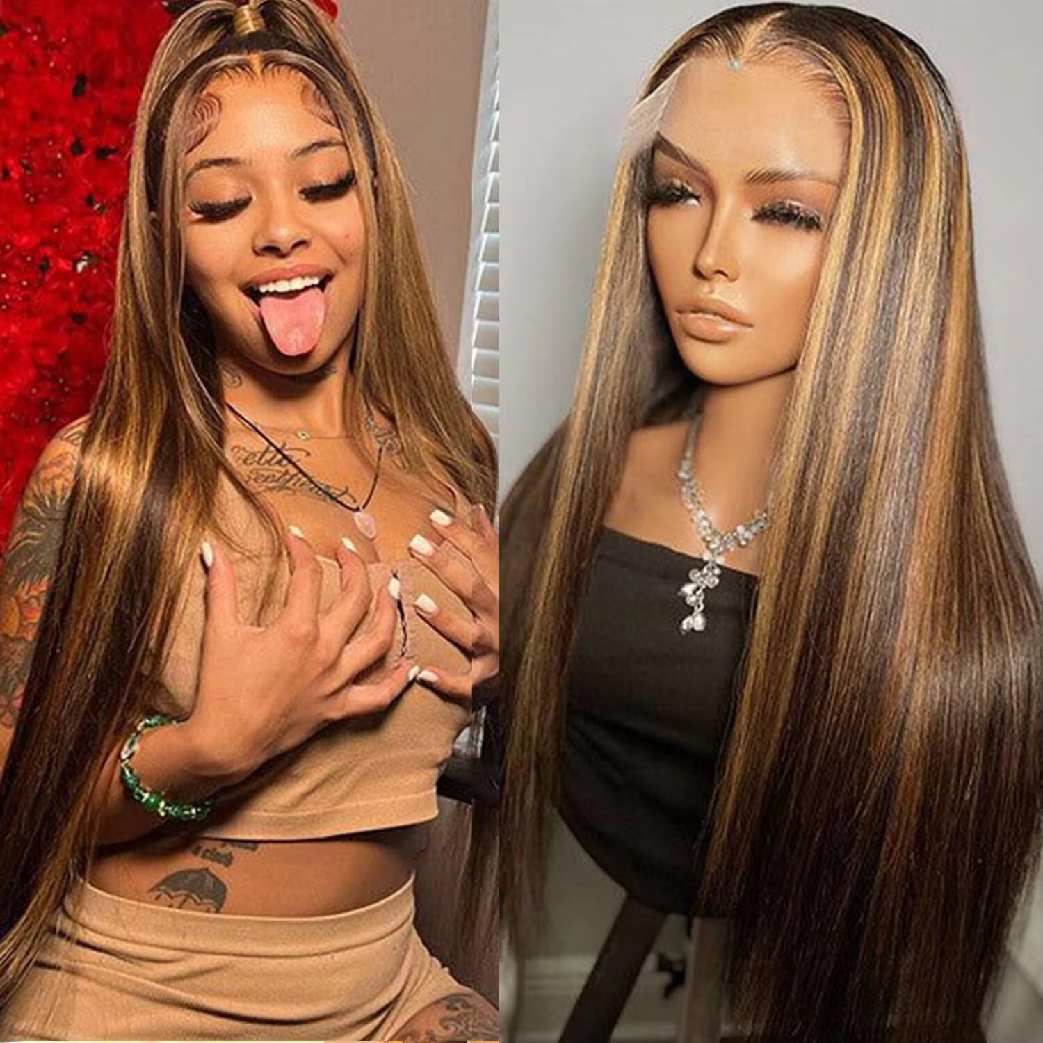 Perruque Lace Front Wig naturelle lisse à reflets P4/27, 13x6, perruque ombrée de couleur blond miel