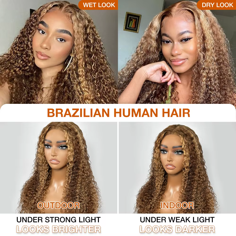 Perruques sans colle en cheveux humains blond miel à ondulations profondes, pré-coupées, avec mèches