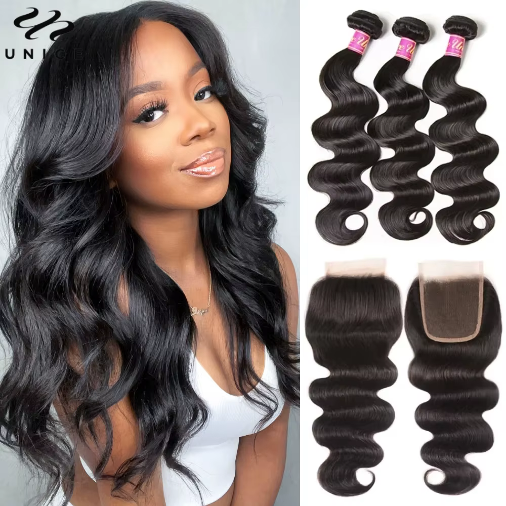Mèches 100% naturelles Body Wave-UNice Hair, cheveux humains, avec closure, 4x4 pouces, document nat