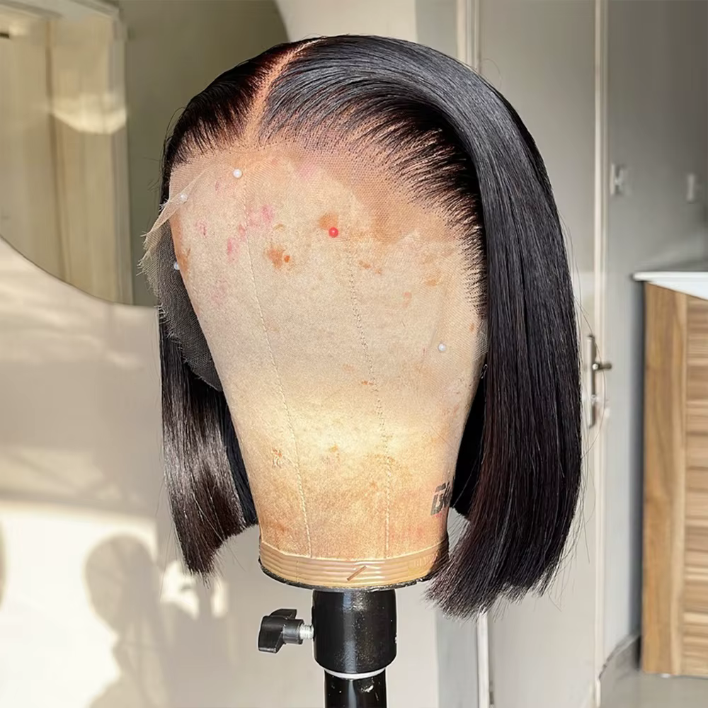 Perruque Bob Lace Frontal Wig naturelle, cheveux courts, lisses, 13x4, 100% cheveux humains, pre-plu