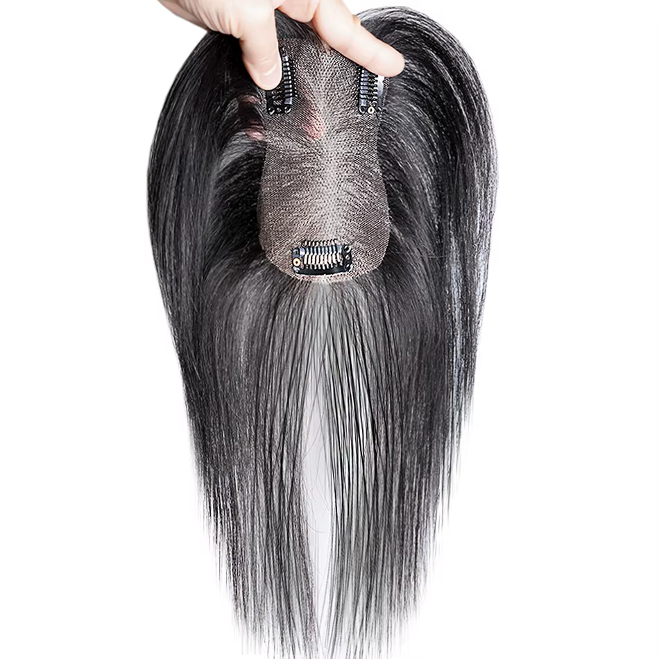 Extensions de cheveux humains 100% naturels avec frange, base en soie, 3 clips, marron, lisses, pour