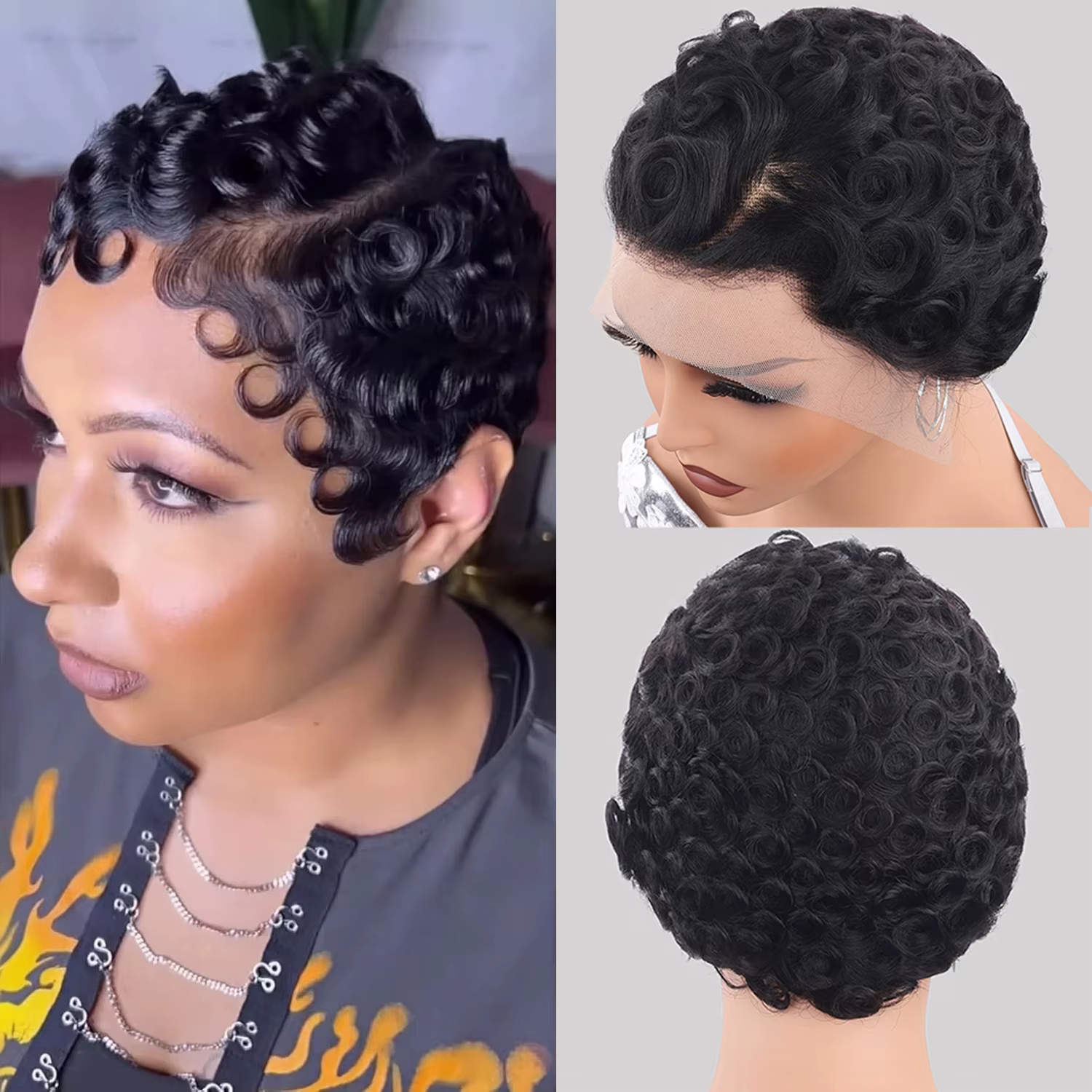 Perruque Courte Pixie Chic 13x4 HD Lace Front Cheveux Humains Bouclés 150% Densité Pour Femmes 100% 