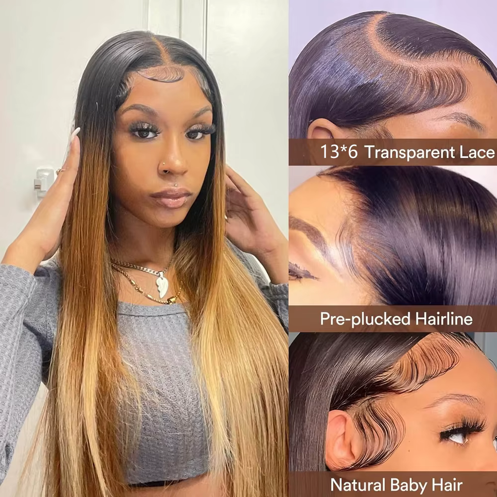 Perruque Lace Front Wig naturelle ombrée à reflets 13x6, cheveux humains, pre-plucked, OT4/30/27, co