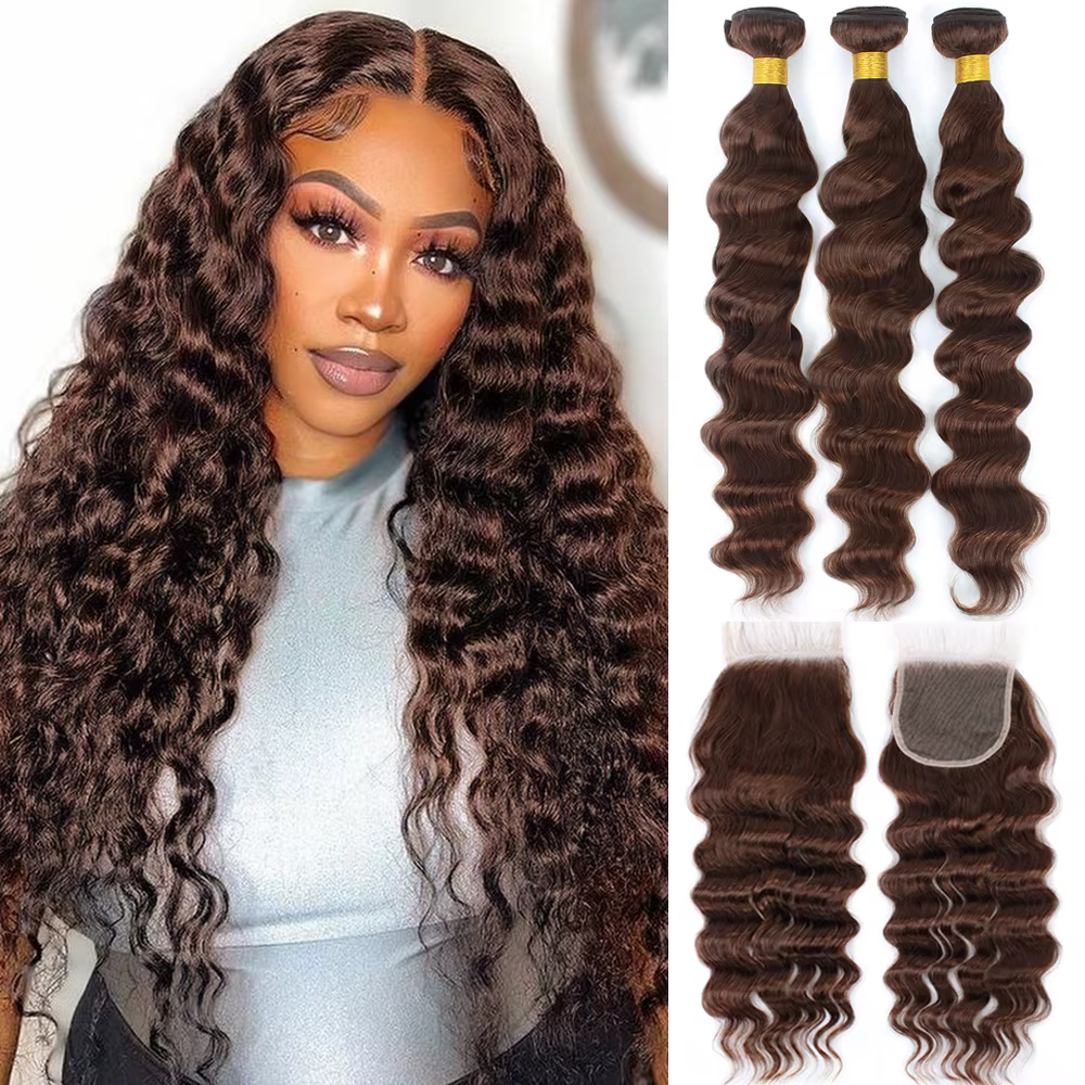 Extensions de cheveux humains ondulés 12A, lots de 3/4 de mèches brunes avec closure en dentelle, ti