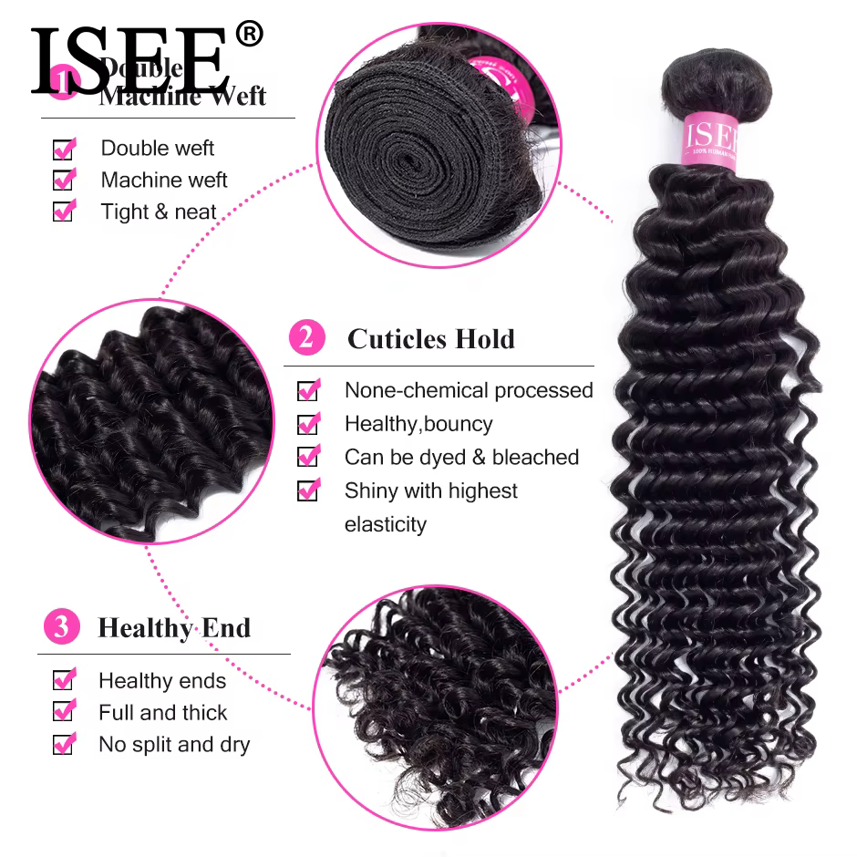 Tissage en lot Deep Wave brésilien 100% naturel-ISEE HAIR, extension de cheveux, lots de 3/4