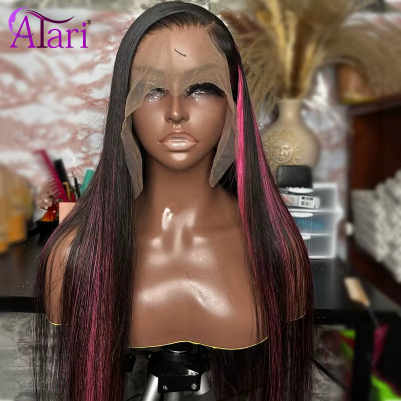 Perruque Brésilienne Naturelle à Mèches Roses, Cheveux Lisses, 13x6, 13x4, 5x5, Pre-Plucked, pour Fe