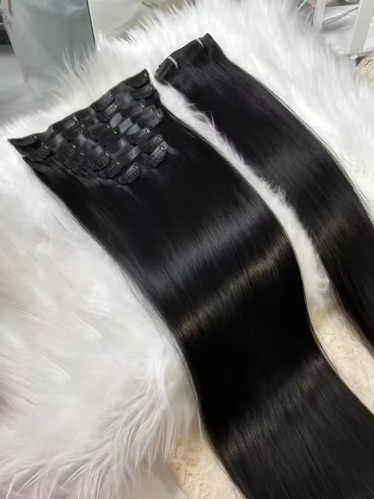 Extensions de cheveux naturels noirs lisses à clips, 8 pièces, cheveux brésiliens, 26 pouces