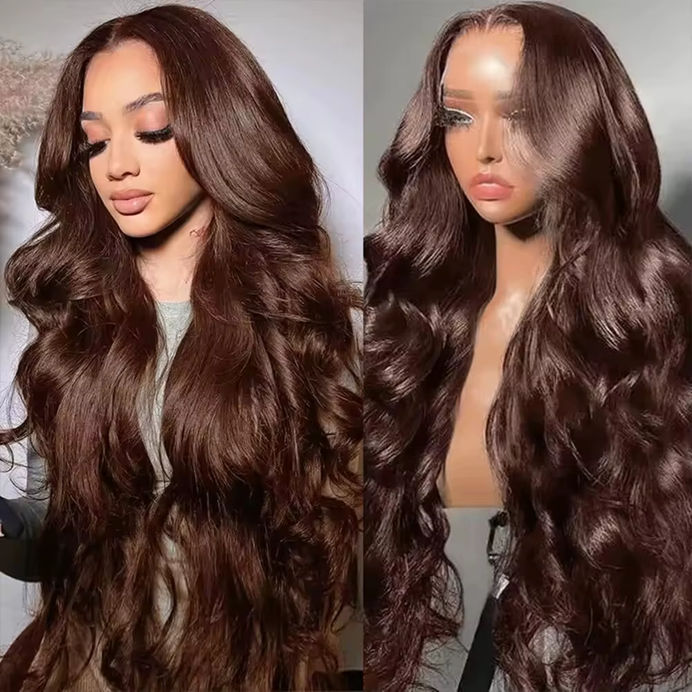 Perruque Lace Frontale HD 13x4 13x6 en Cheveux Humains, Ondulée, Marron Chocolat, Densité 200%, 30-3