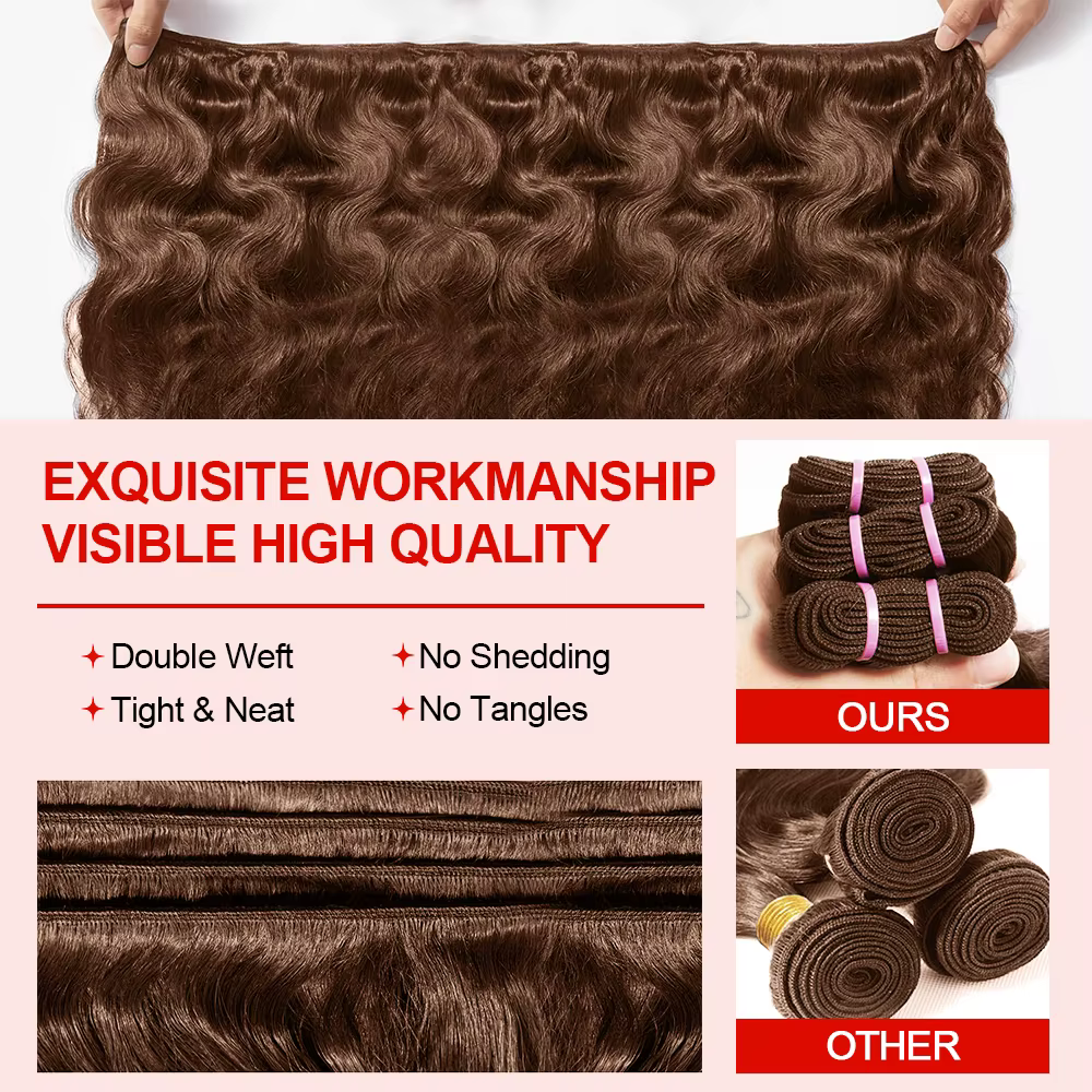 Tissage en lot brésilien 100% naturel Body Wave, couleur chocolat, brun miel, non traité, lots de 1/