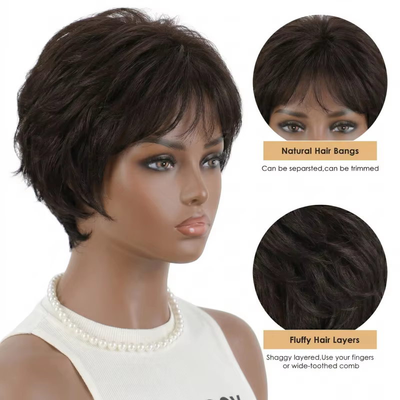 Perruque courte noire coupe pixie 6*6 avec base en soie et devant en PU, 100% cheveux humains pour f