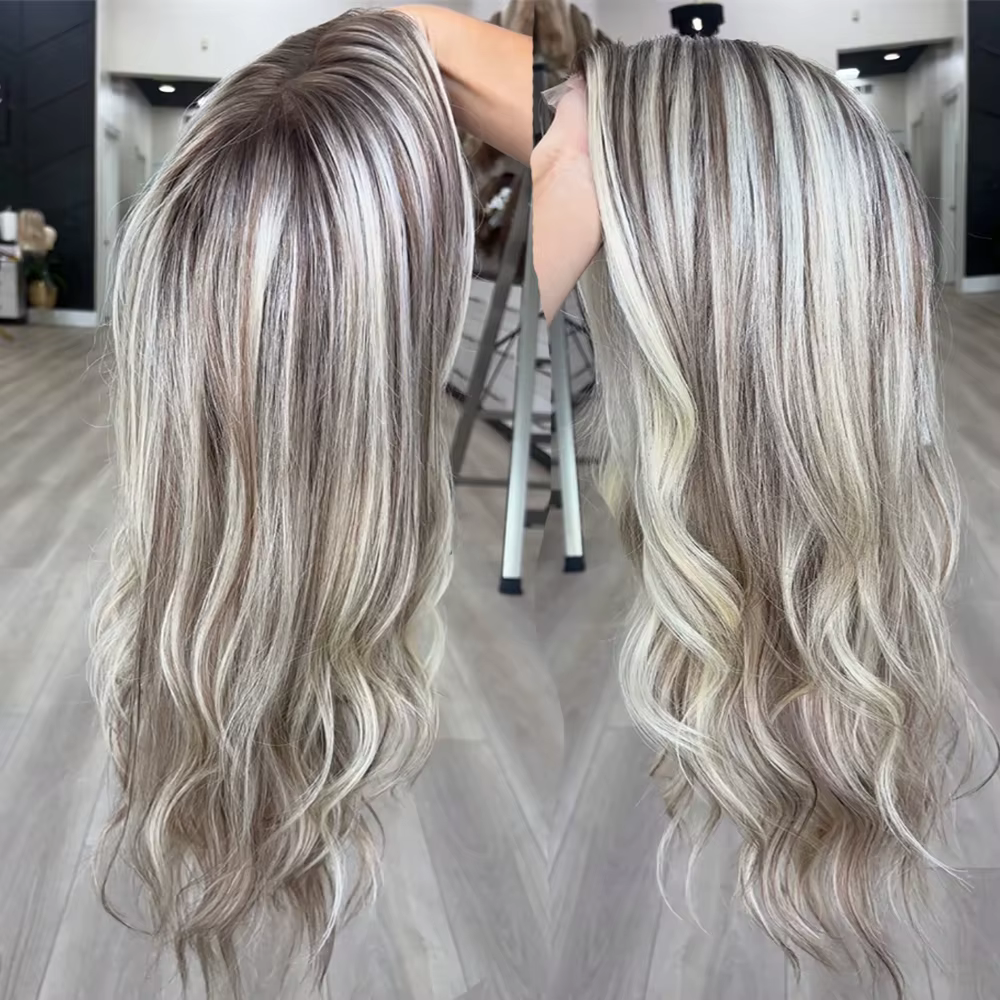 100 vrais cheveux humains blond cendré perruque racines foncées vague de corps mettre en évidence pe