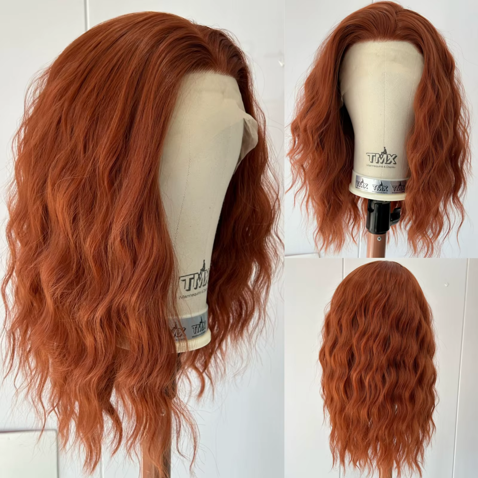 Perruque Bob synthétique courte ondulée rouge cuivre pour femmes, partie libre, longueur d'épaule, b