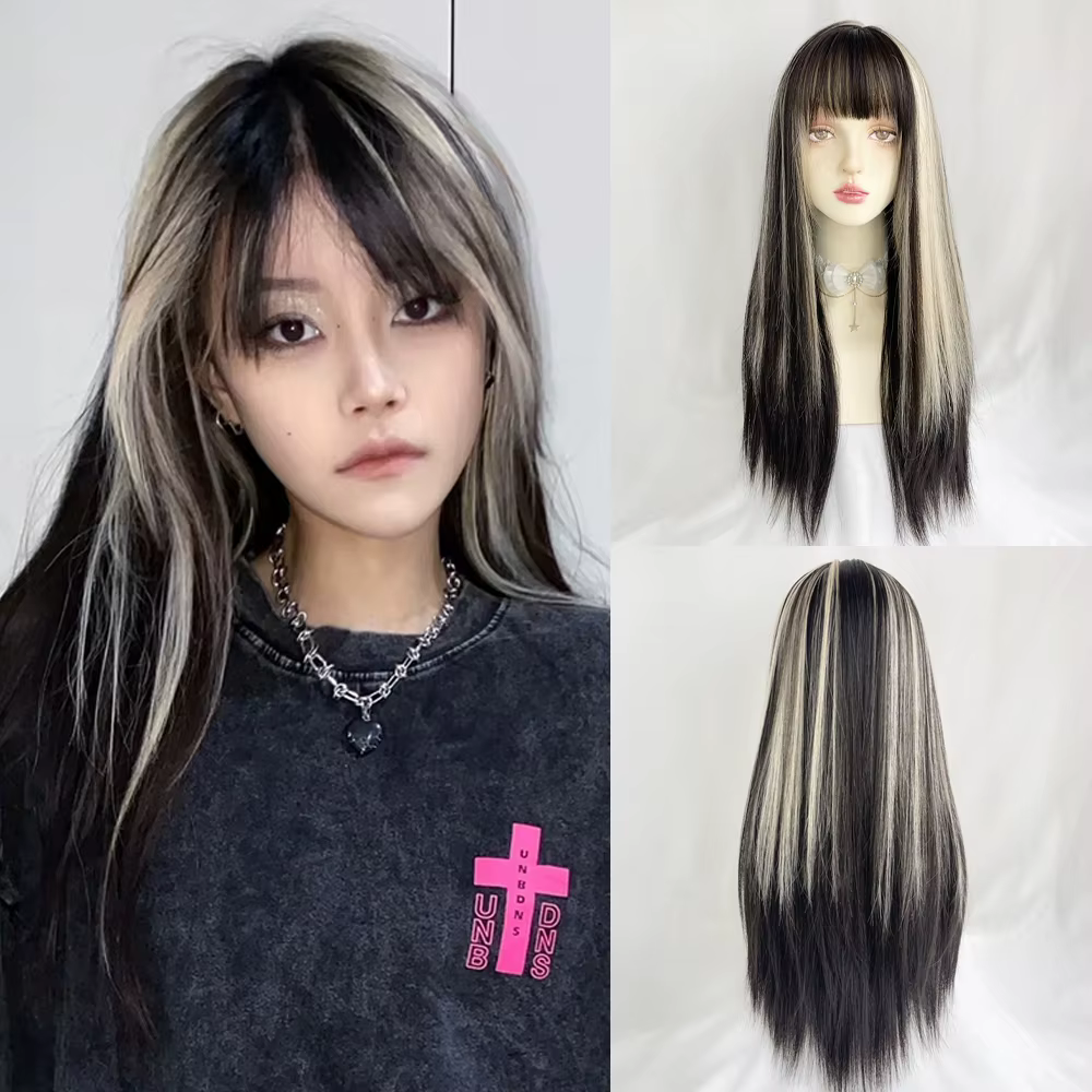 Perruque Synthétique Longue et Lisse avec Frange pour Femme, Postiche Mixte, Ombré, Noir, Blond, Nat