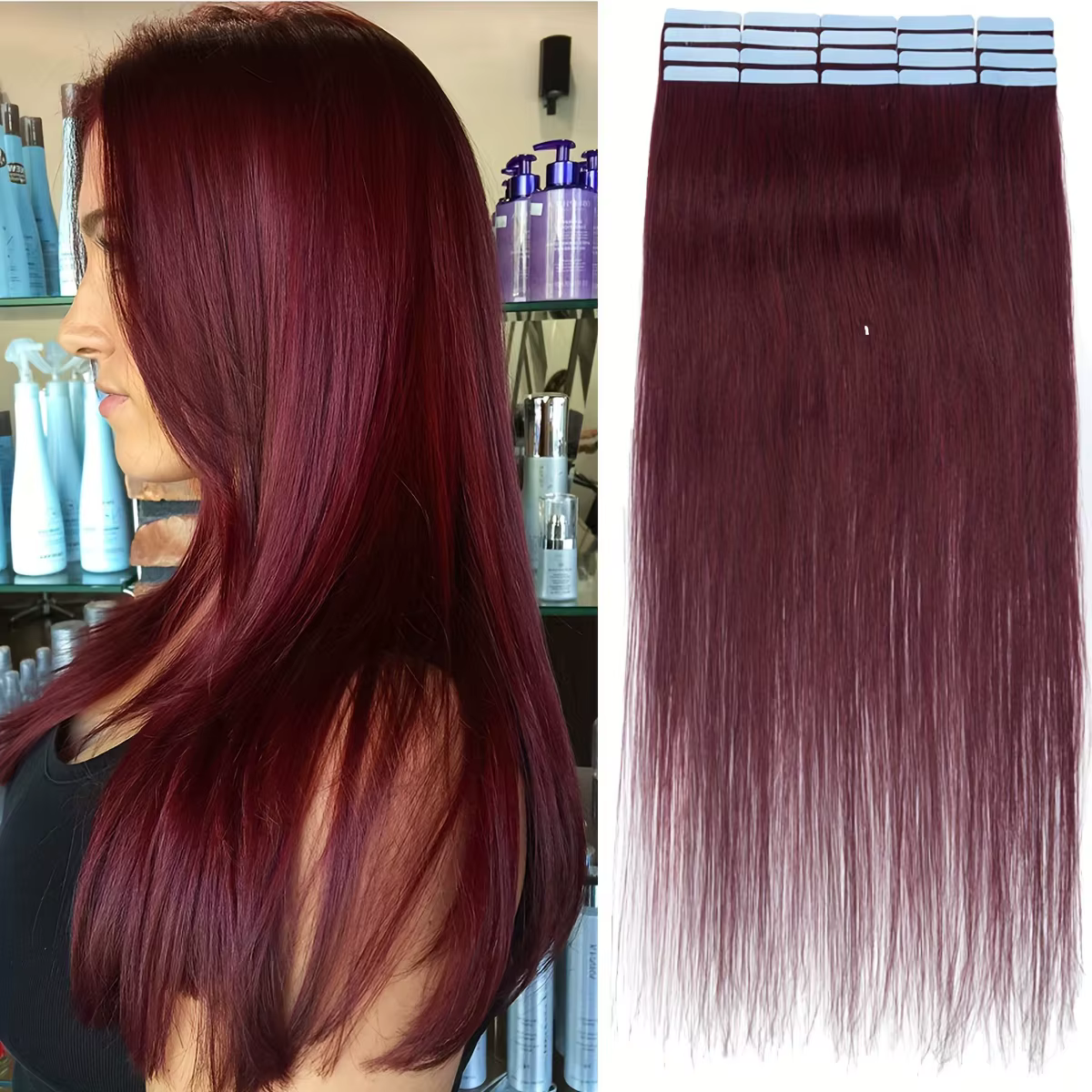 Extension de cheveux à bande Remy rouge vin, colle Double face 12-22 pouces, 20 pièces/paquet pour E