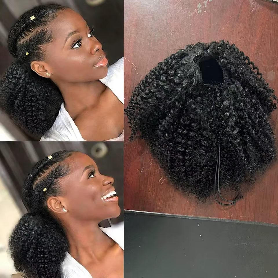 Queue de cheval afro bouclée en cheveux humains avec cordon de serrage, postiche 100% cheveux nature
