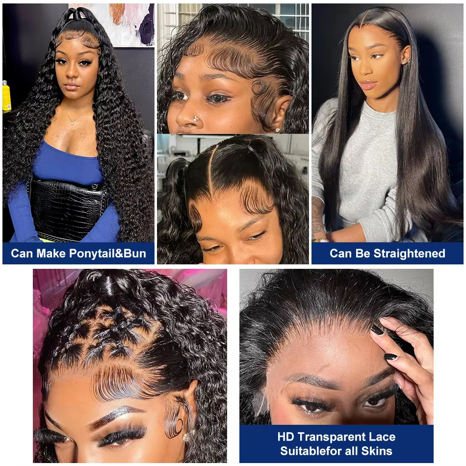 Perruque Lace Frontal Wig naturelle bouclée, cheveux humains, Deep Wave, Transparent HD, 13x 4/13x6,