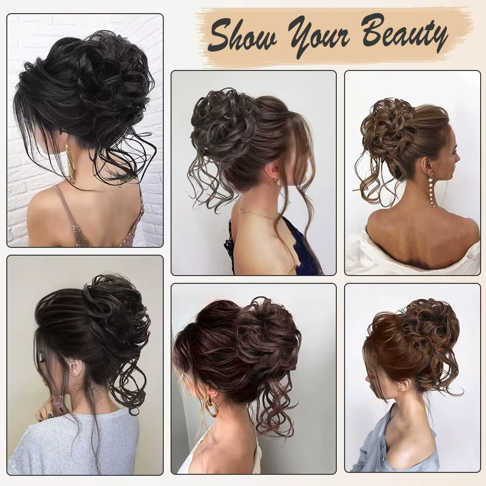 Chignon synthétique en désordre, Extension de chignons ébouriffés, bandeau élastique, pièces de chev