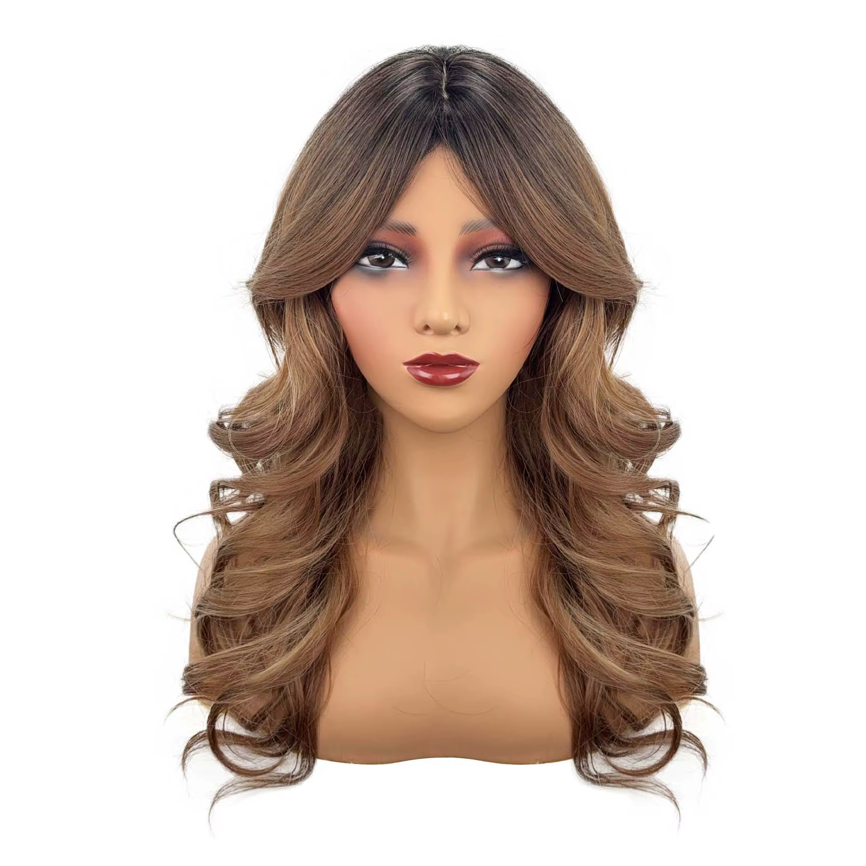 Perruque bouclée dégradée marron pour femme, élégante et stylée avec raie au milieu, en fibre synthé