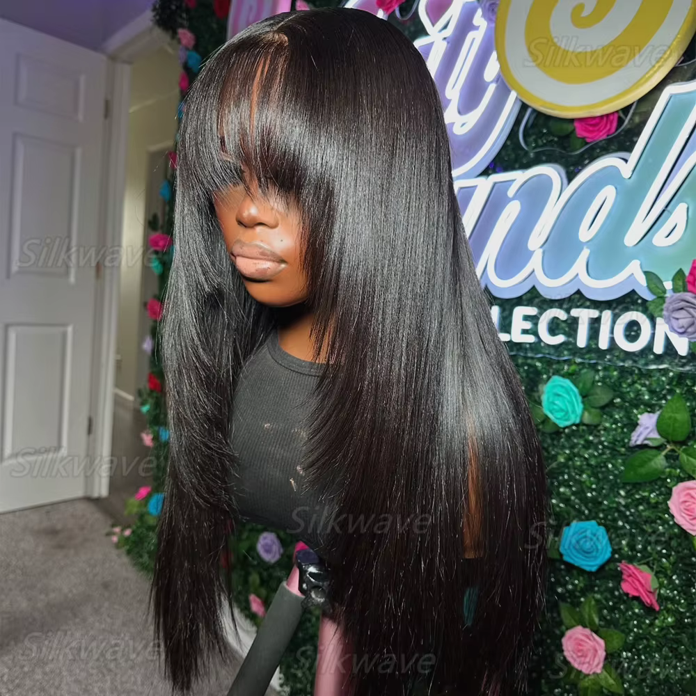 Perruque Lace Wig naturelle lisse avec frange, cheveux humains, partie centrale 3x1, bon marché, ent