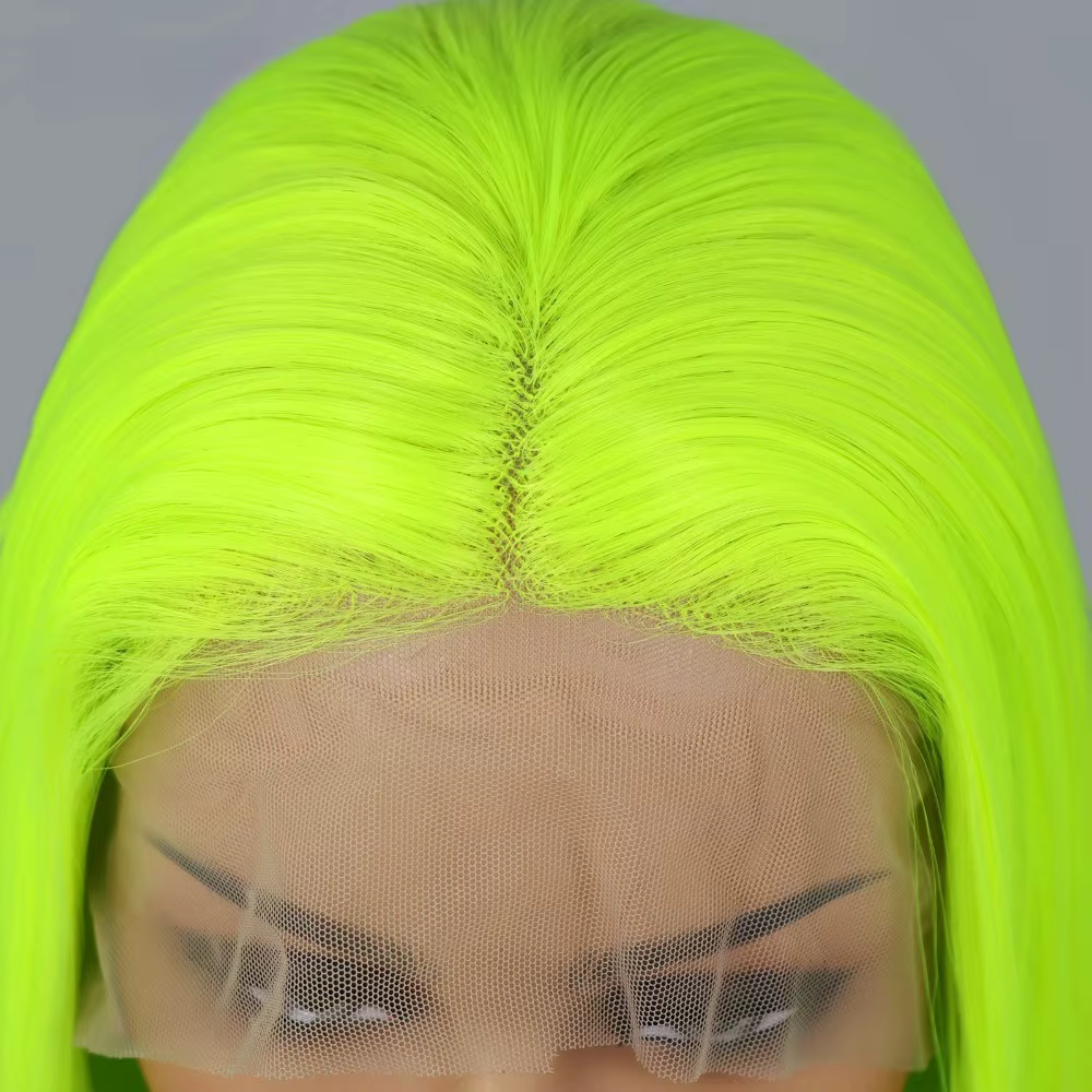 Perruques longues et droites à 200% de densité, couleur vert fluorescent, perruques frontales en den