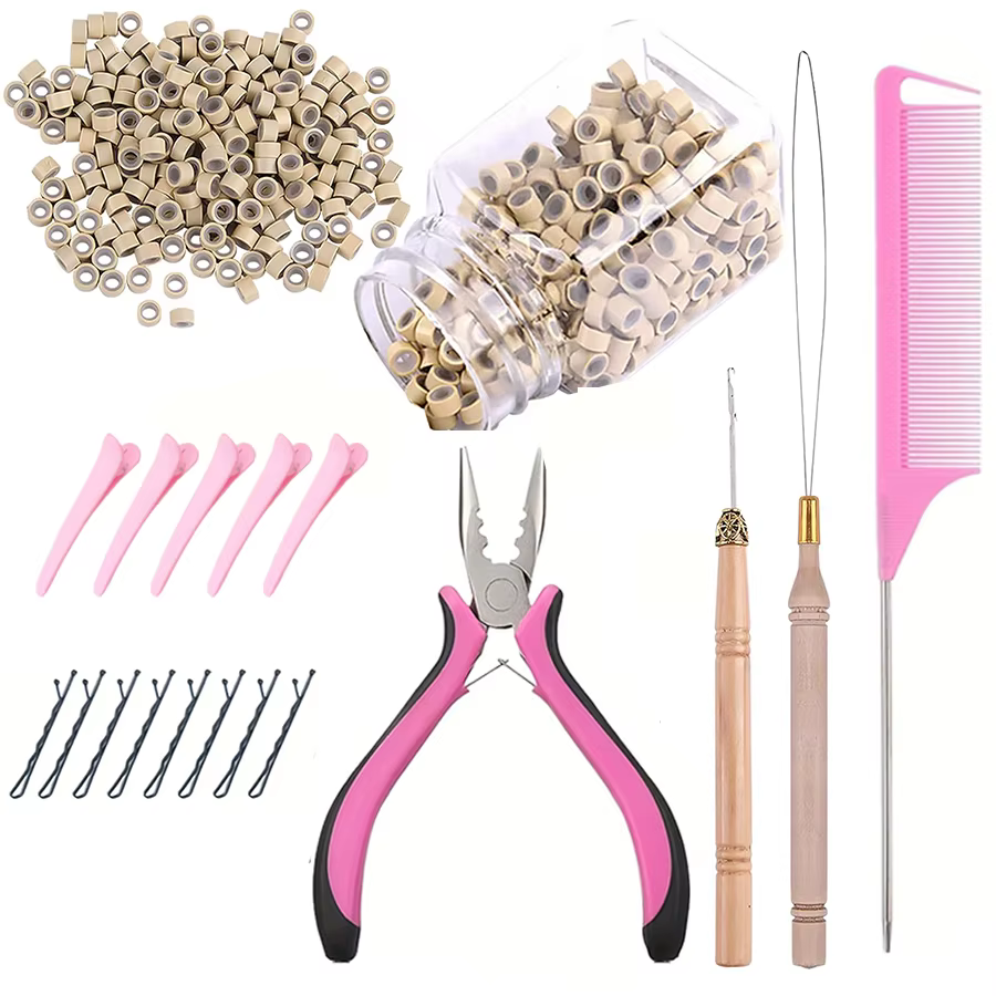 Kit d'extensions de cheveux Micro anneau, 500 pièces, avec perles, pince, crochet, aiguille, boucle 