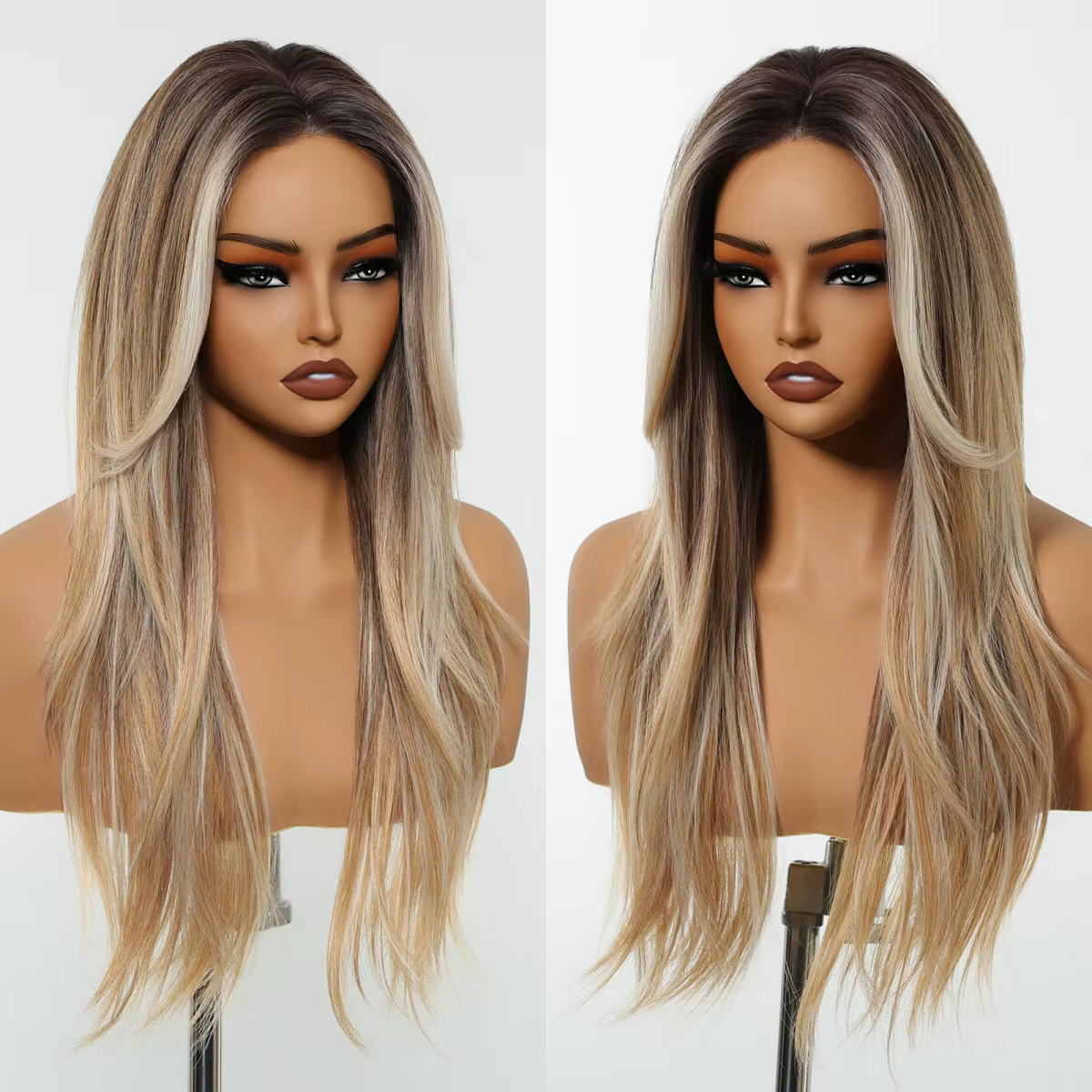 Perruque Lace Front Wig synthétique lisse et longue, perruque avec raie centrale naturelle, brune et