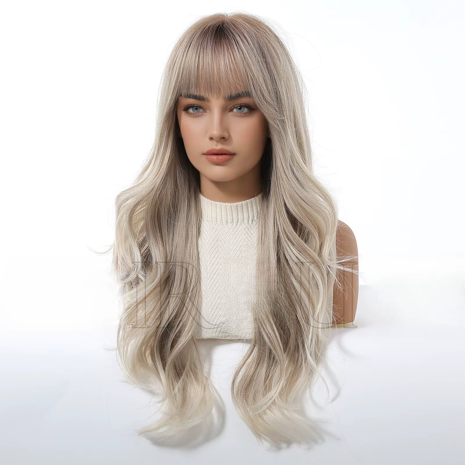 Perruque naturelle et volumineuse à cheveux longs bouclés gris blonds européens et américains, avec