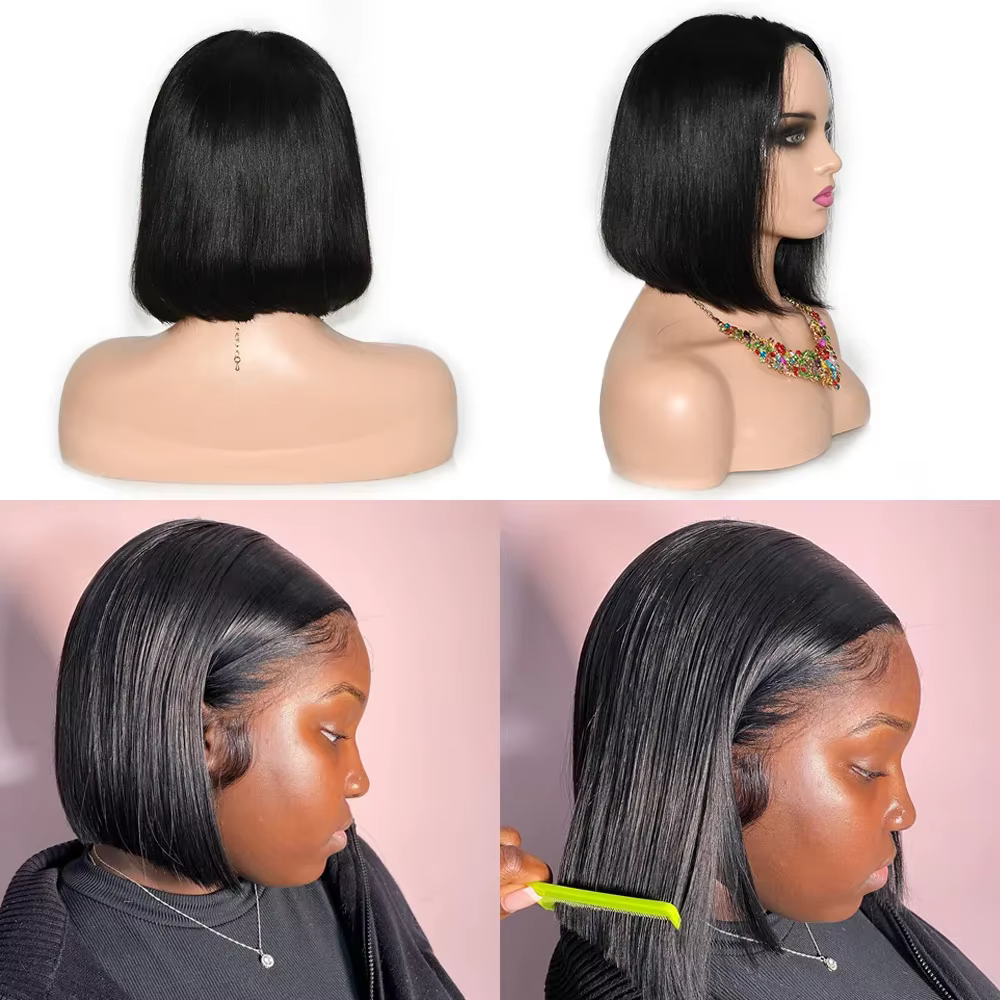 Perruque Bob naturelle lisse sans colle, cheveux courts, prêts à porter, Transparent, pré-coupé, 4x4