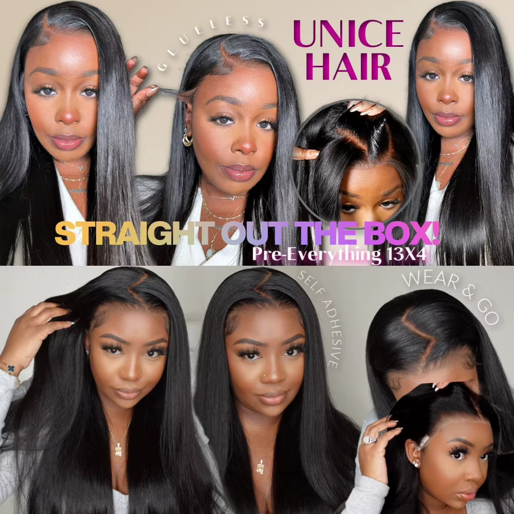 UNice 13x4 Pré-tout ™ Perruques droites de cheveux humains avec la perruque sans colle de cordon c