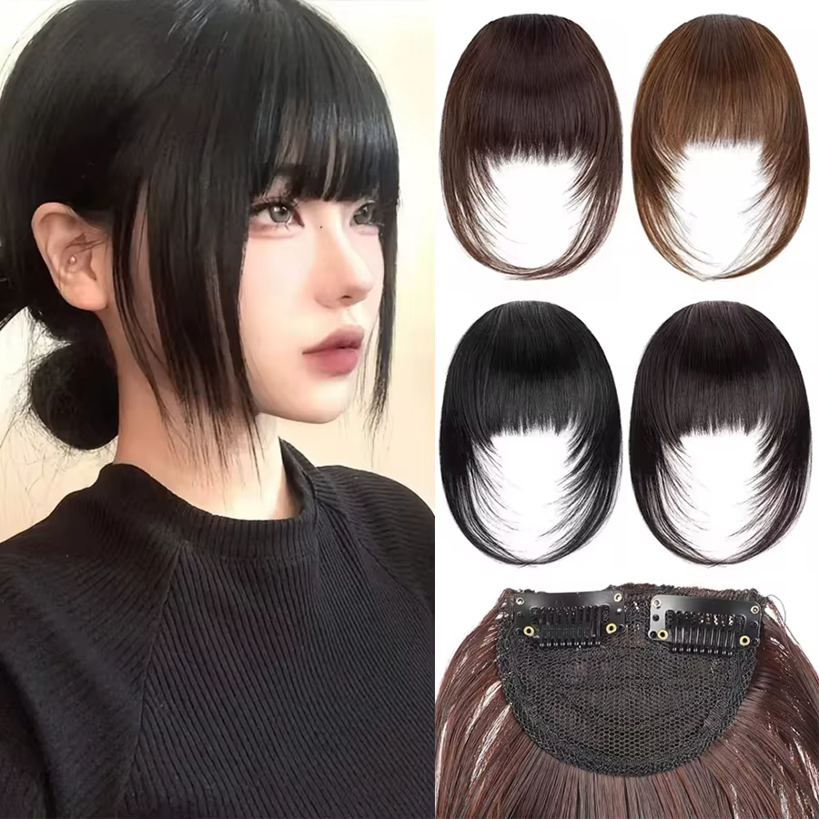 Extensions de cheveux synthétiques droites pour femmes avec frange superposée frange latérale postic