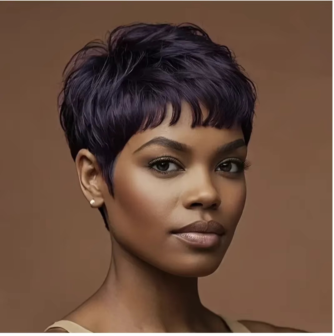 Cheveux courts noirs synthétiques pour femmes, coupe ultraviolette Pixie, frange courte, Fak ultravi