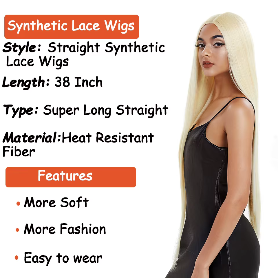 FASHION IDOL – perruque Lace Front Wig synthétique lisse de 38 pouces, perruque de Cosplay à reflets