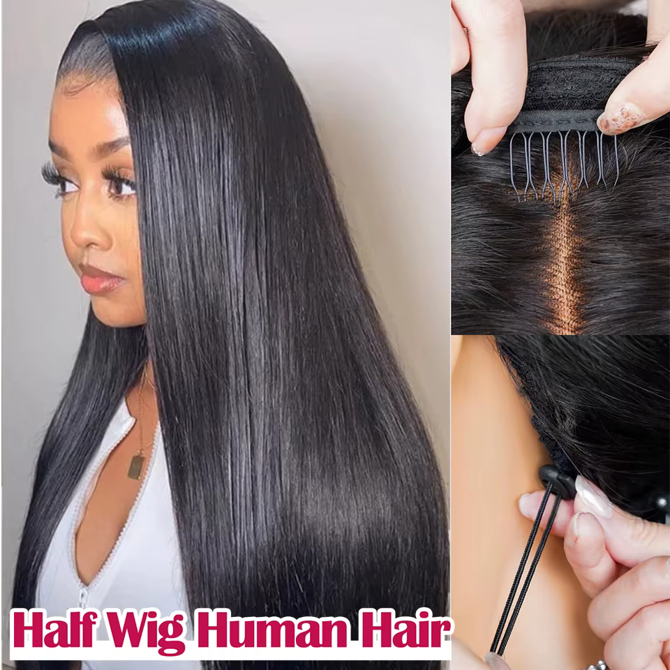 Demi-perruque cheveux humains bandeau droit, mise à niveau 3 en 1, demi-perruque avec cordon de serr