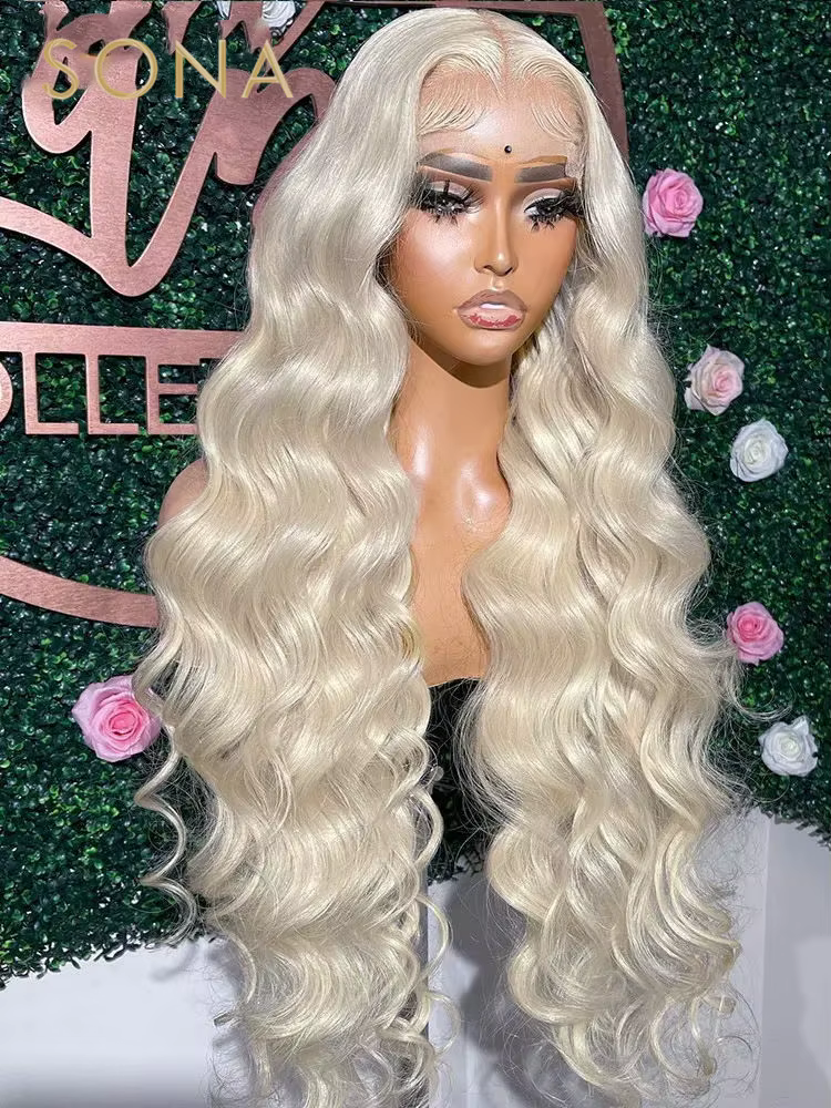 # Perruque Lace Frontal Wig naturelle, cheveux humains, blond cendré platine, blanc, 13x6, HD, Trans
