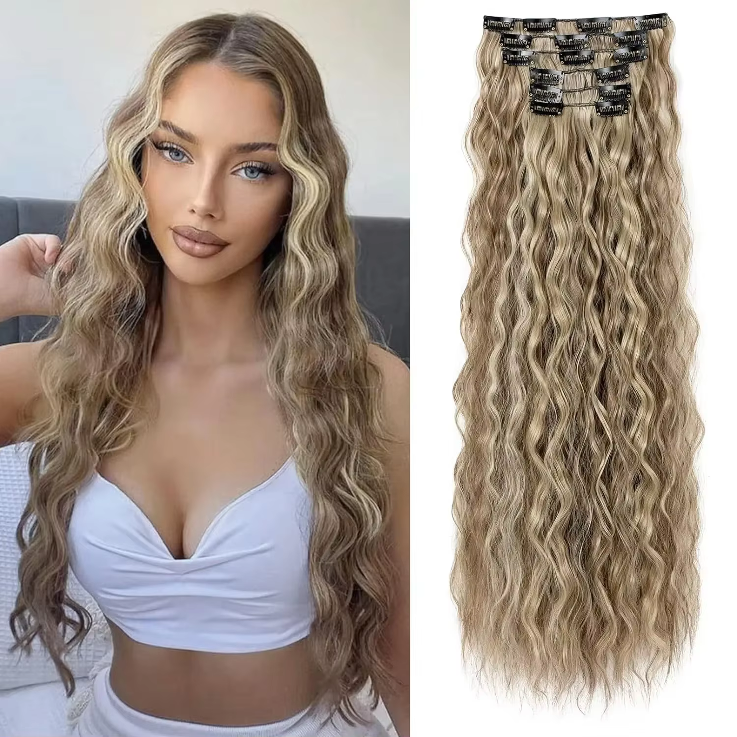 Extensions de cheveux à clipser, 16 clips, 22 pouces de long, extensions de cheveux ondulés pour fem