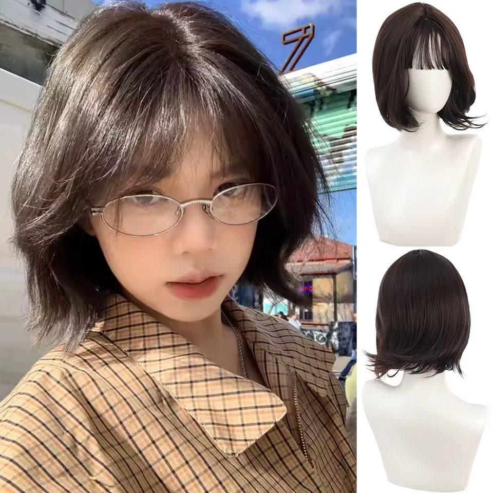 Perruque Courte Bouclée Marron et Noire pour Femme, Perruque Synthétique de Haute Qualité, Perruque 